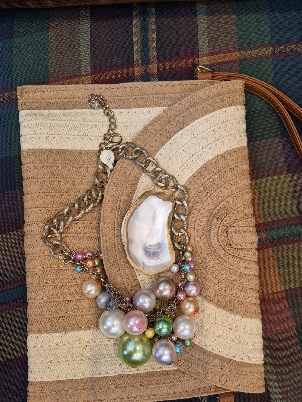 Pastel Multicolor Pearl Cluster Necklace with Shell Accent